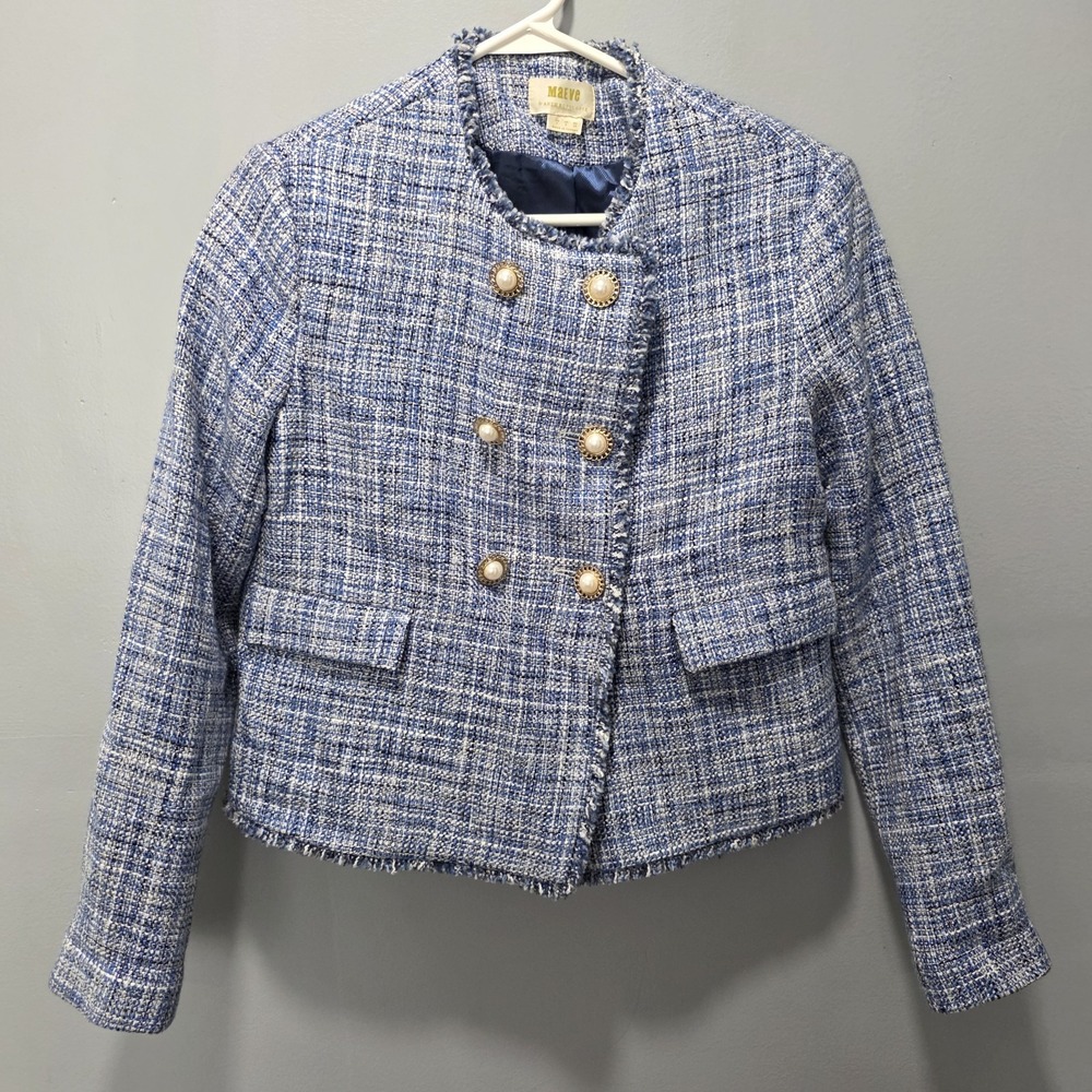 Anthropologie Maeve Double Breasted Blue White Tweed Blazer Jacket Size 2